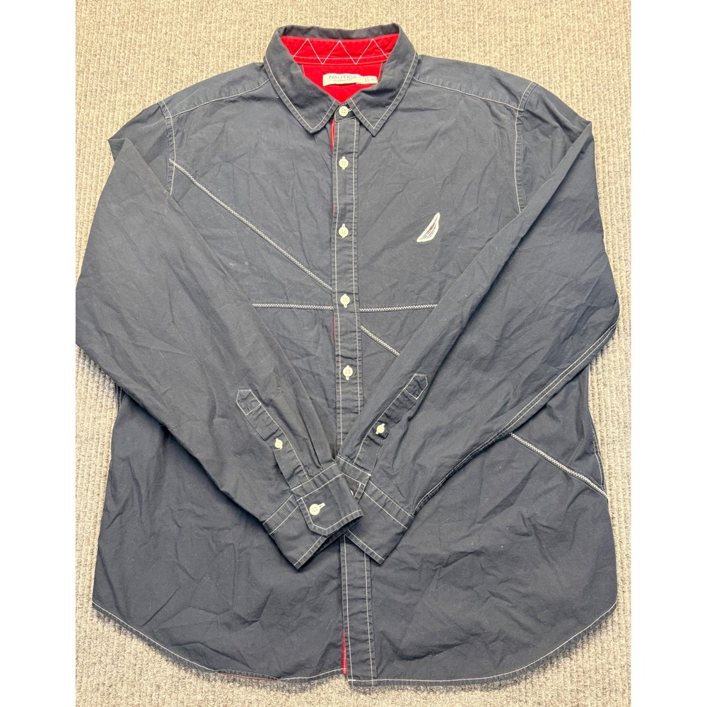 Nautica Mens XL Classic Fit Navy Blue Coastal Sailing Button Down Shirt Logo
